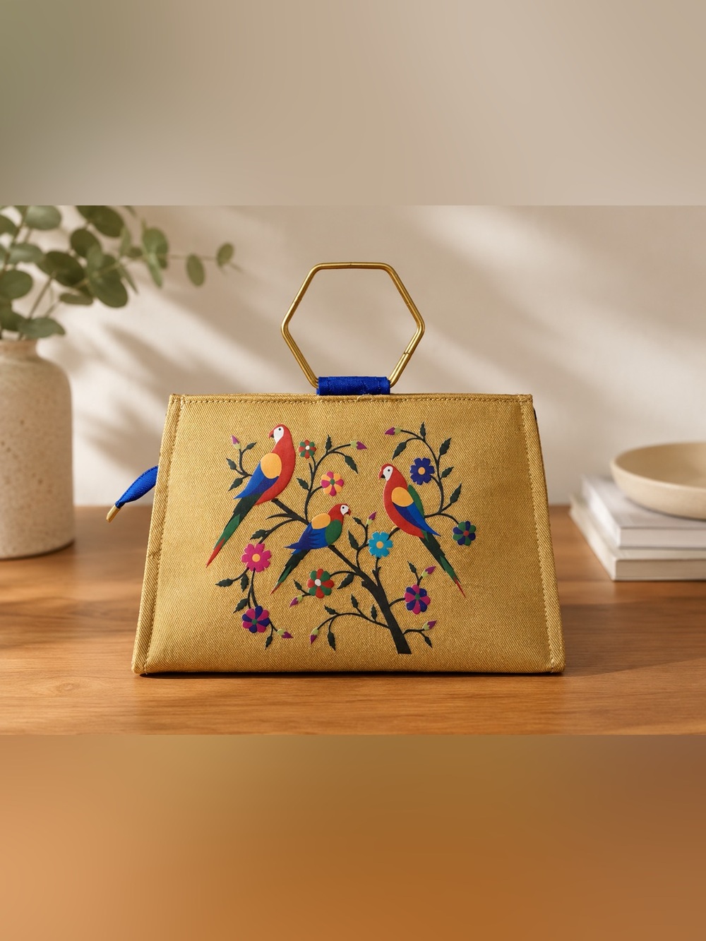 Parrot Bird Box Clutch Gold Satin Bag Blue Velvet Geometric Handle